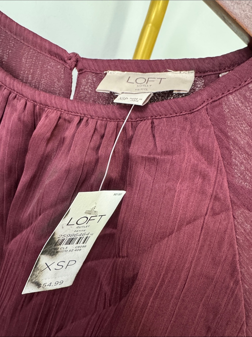 LOFT Burgundy Peasant Blouse elastic waist and cuffs NEW XSP - Picture 2 of 13